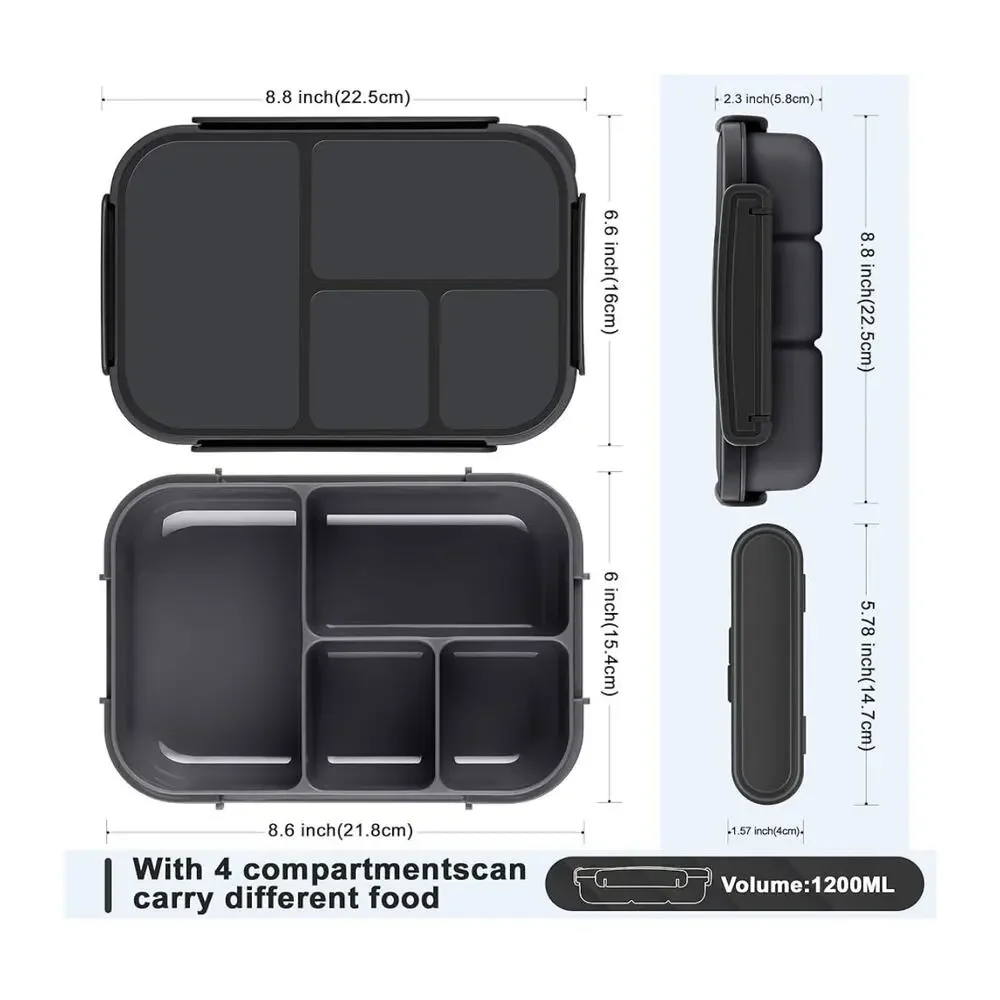 NIB:‎ Bento Box: Leakproof Lunch Containers w utensils (dark gray)